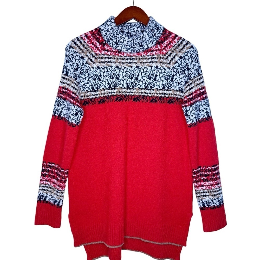 ANTHROPOLOGIE MOTH Fair Isle Mock Neck Wool Blend Sweater Size Small in Red